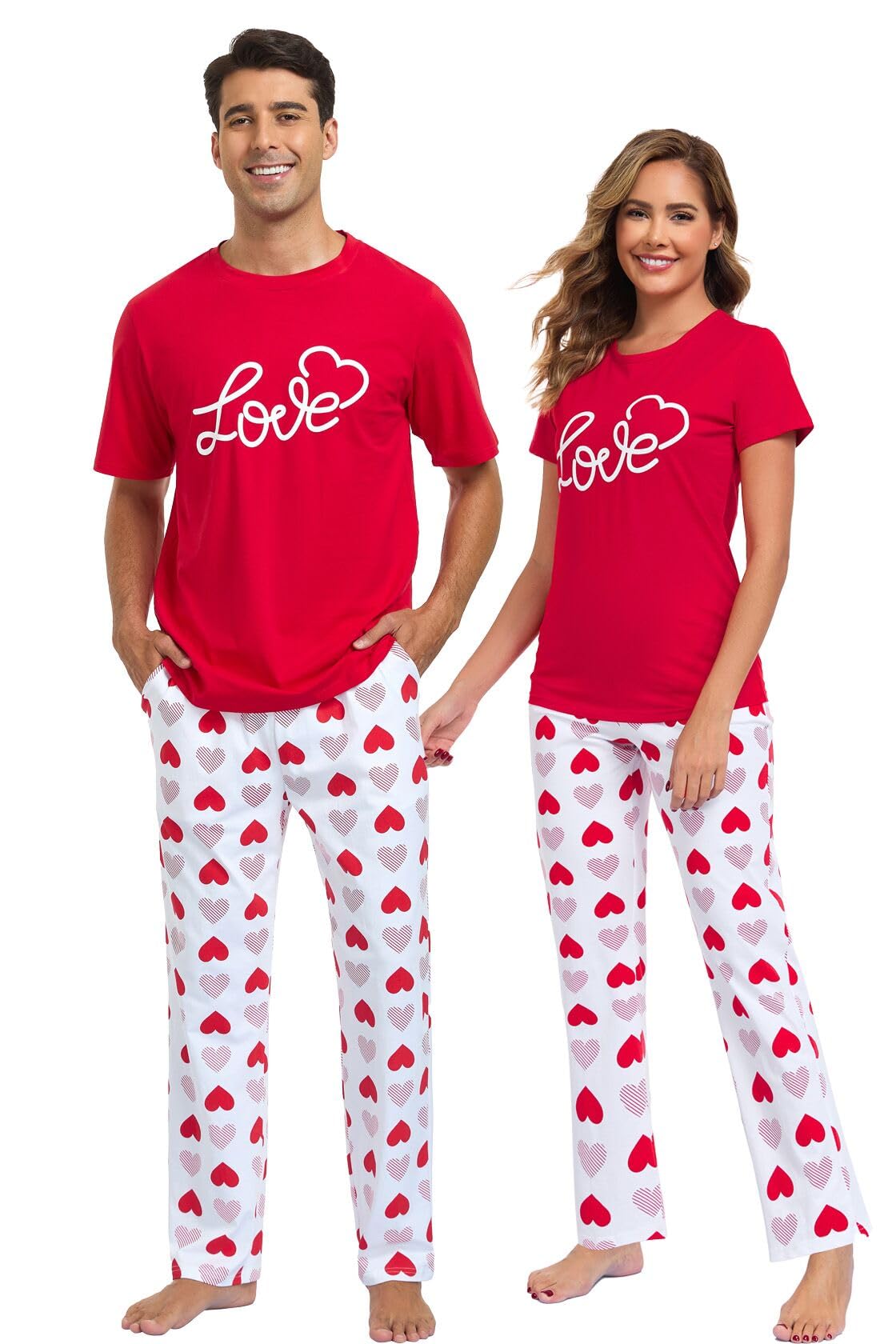 EISHOPEER Cotton Matching Pajamas for Couples Cute Printed Short Sleeve Top & Long Pants Sleepwear Pjs Sets