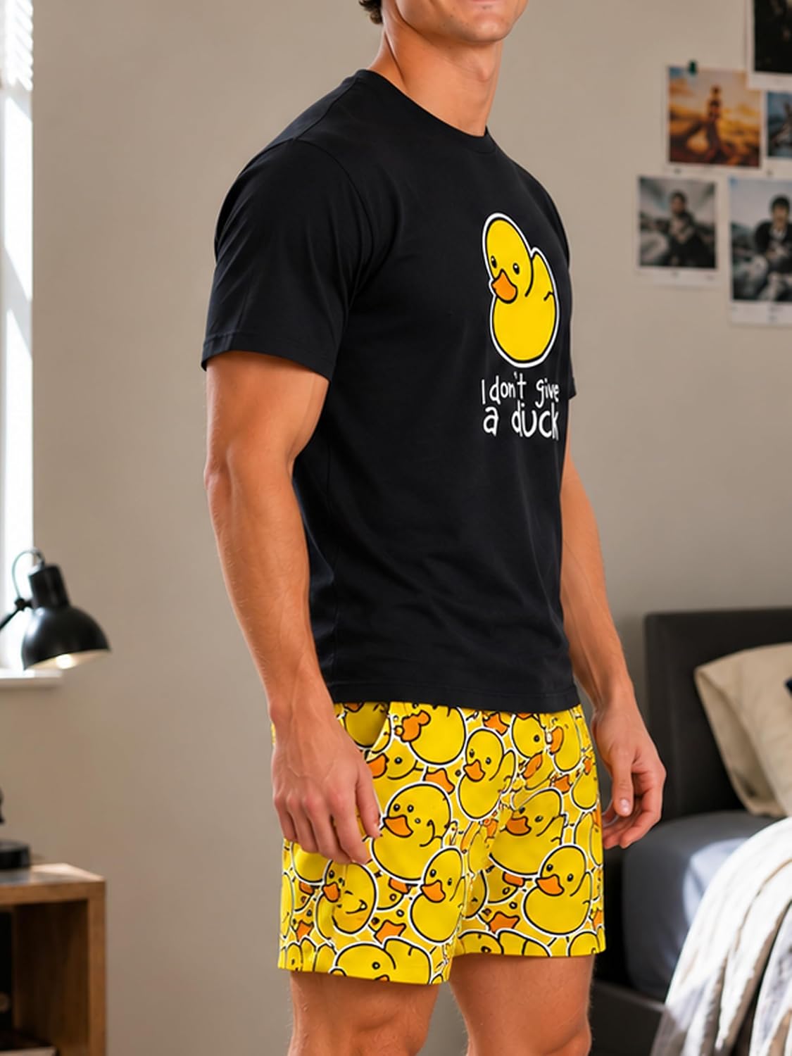 Men Pajama Set Funny Duck Print T-Shirt and Shorts Sleepwear Casual Lounge Set