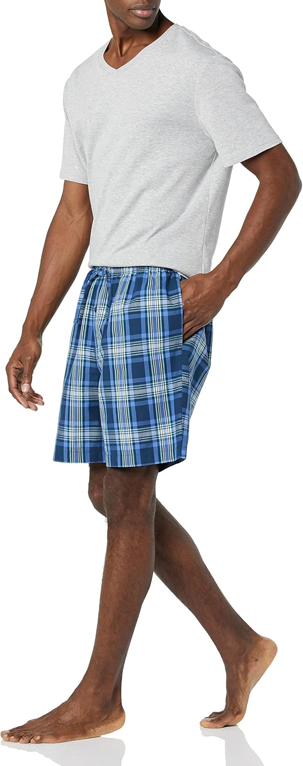 Amazon Essentials Men's Cotton Poplin Pajama Short with T-Shirt Set, Breathable Loungewear, Summer Sleepwear