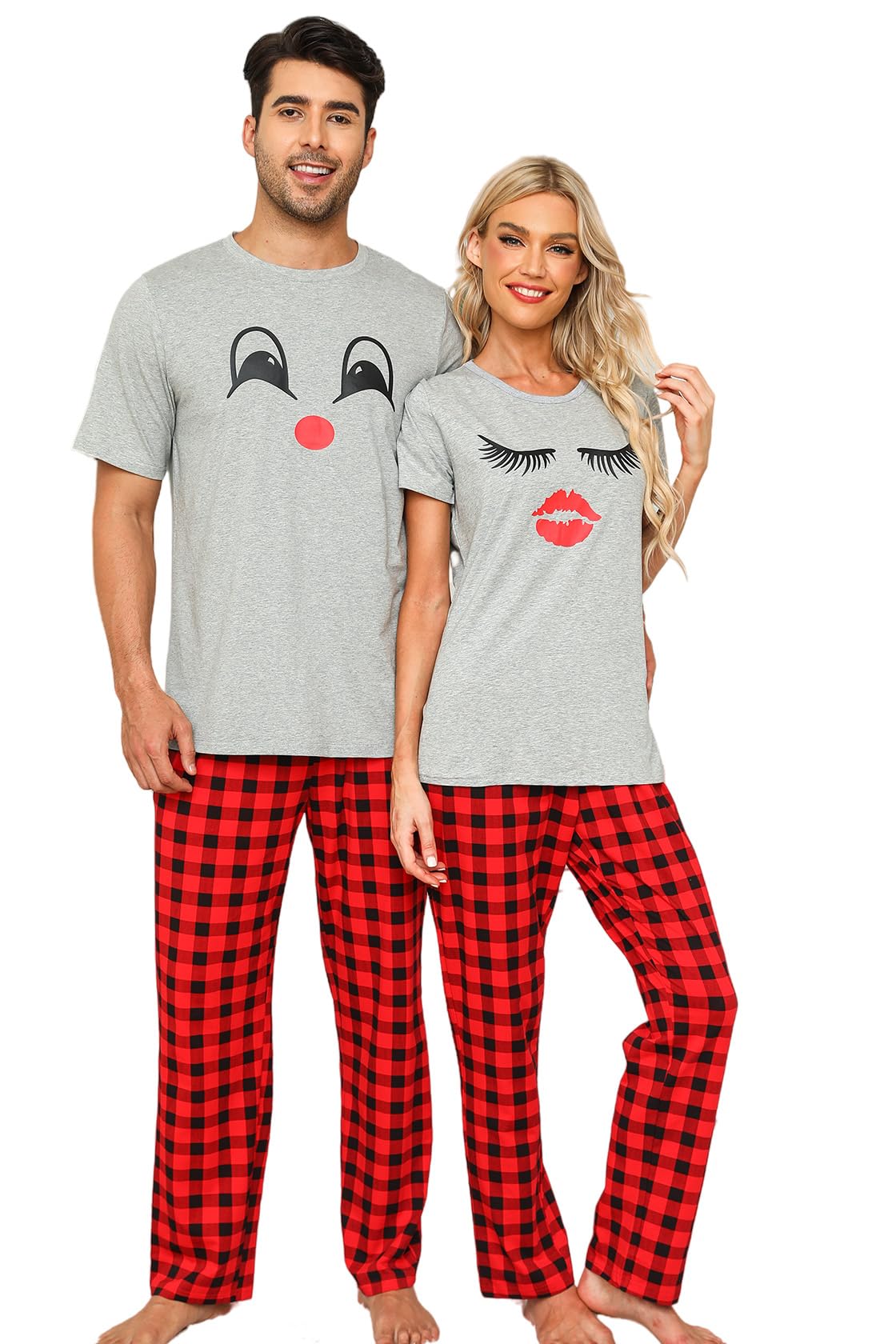 EISHOPEER Cotton Matching Pajamas for Couples Cute Printed Short Sleeve Top & Long Pants Sleepwear Pjs Sets