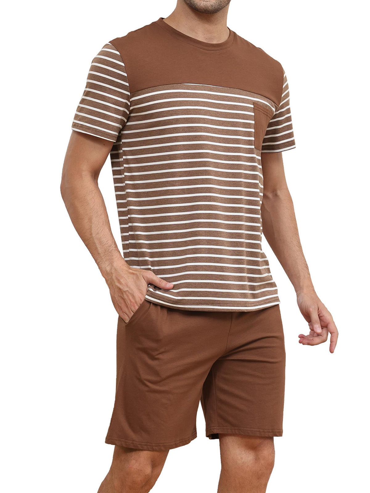 Men's Pajama Set Cotton Pajamas Striped Short Sleeve & Shorts Pjs Sets Sleepwear Summer Lounge Set with Pockets