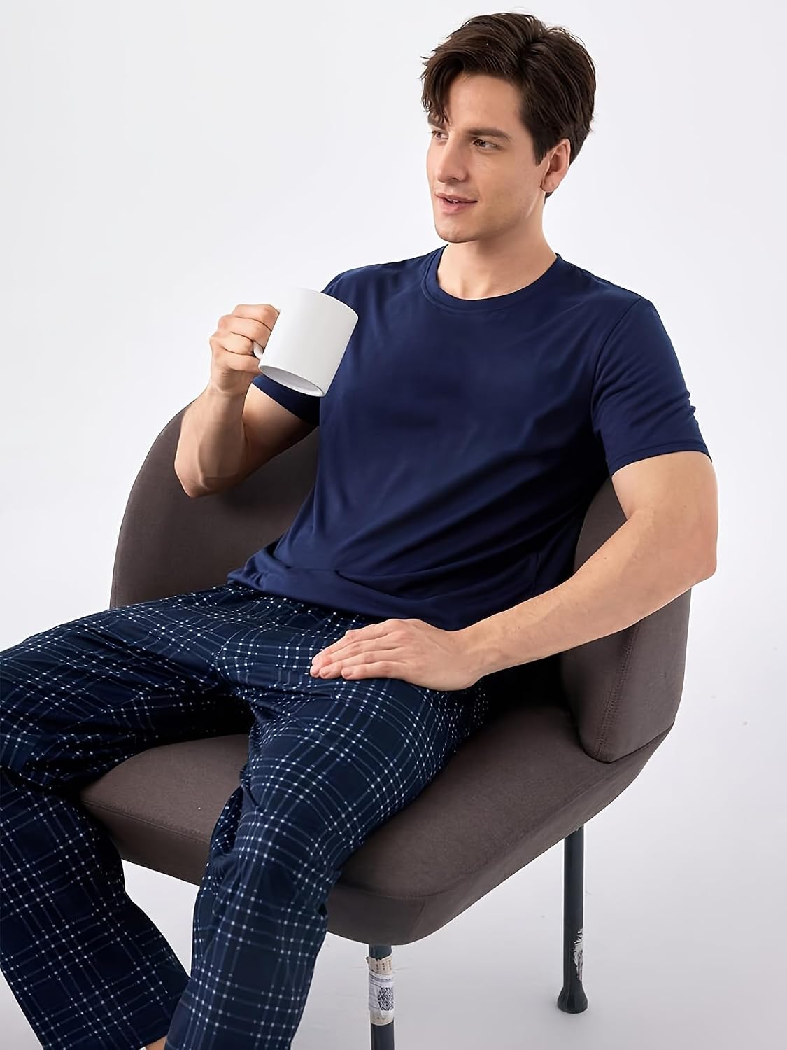 Men's Short Sleeve Pajama Set, Navy Solid T-Shirt & White Plaid Pants