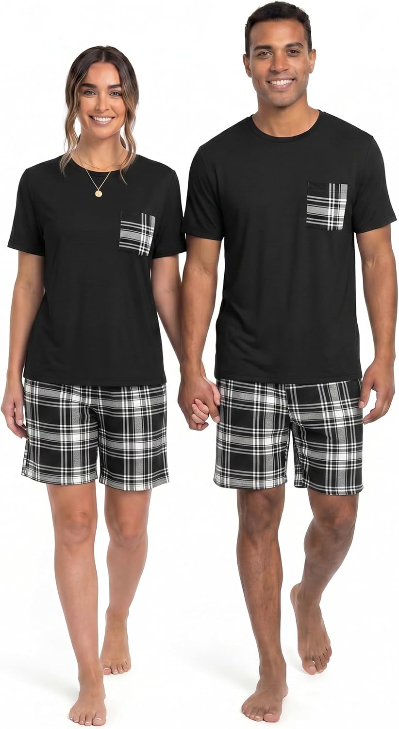 Couples Pajamas Set Short Sleeve Raglan Shirts and Shorts Lounge Sleepwear