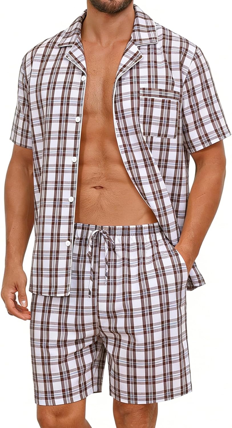 SWOMOG Mens 100% Cotton Pajama Set 2Pcs Button Down Pjs Set Short Sleeve Sleepwear with Pocket Soft Summer Stripe Nightwear