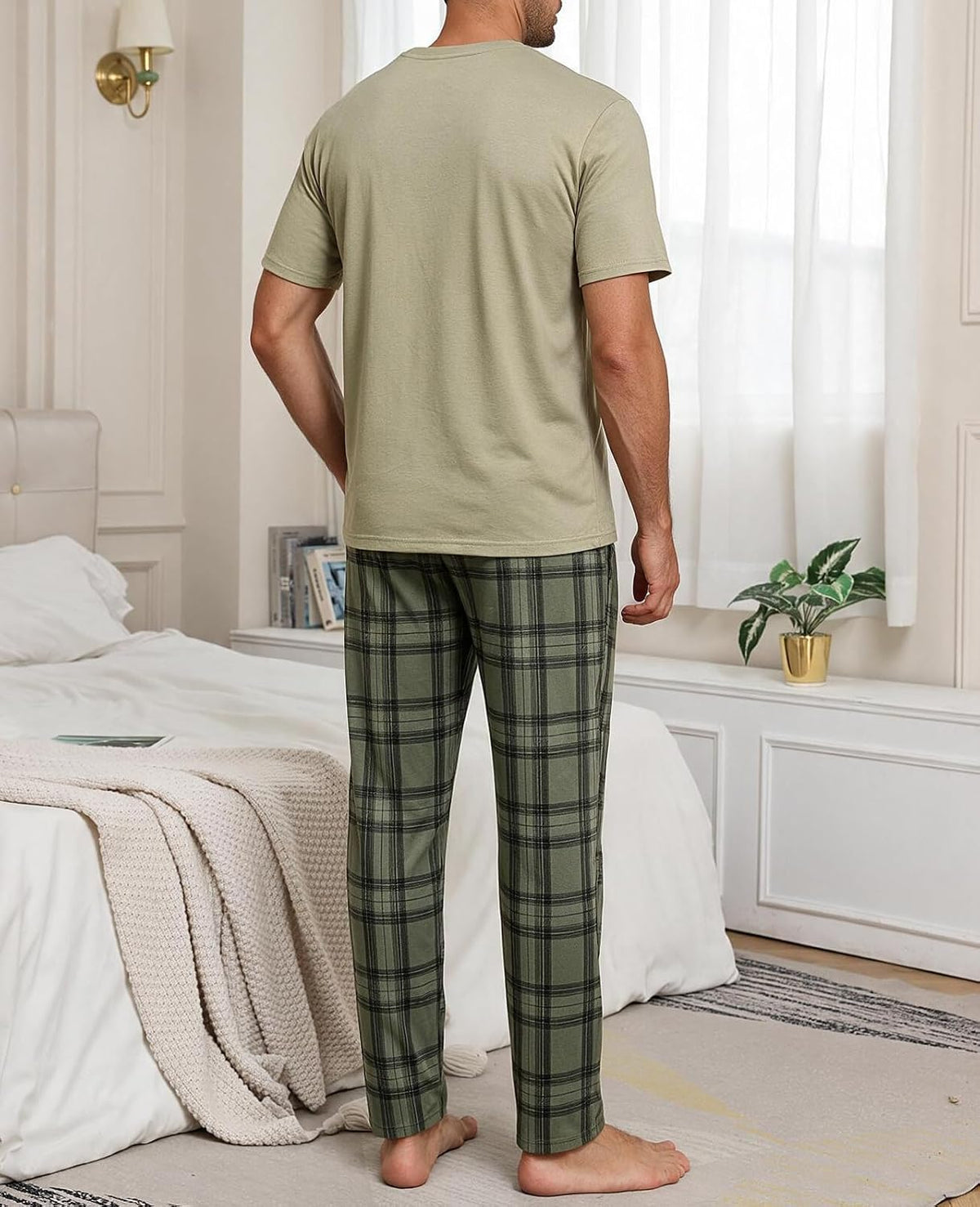 Mens Pajama Set Summer Sleepwear Short Sleeve Loungewear Lightweight Soft Nightwear Shirts Plaid Pants Pockets