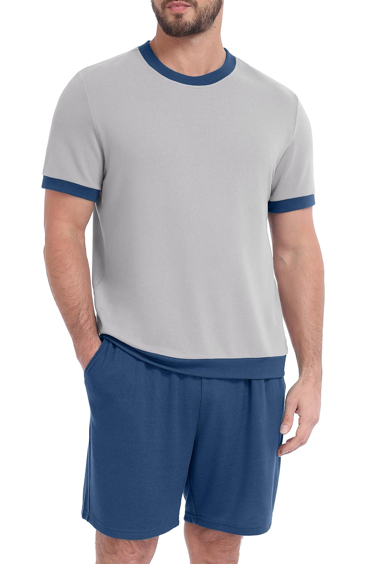 PrinStory Men's Pajamas Set Short Sleeve Sleepwear Pjs Soft Nightwear 2 Piece Loungewear with Pockets S-2XL