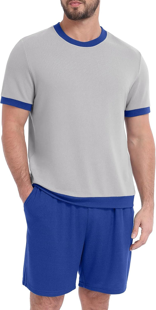 PrinStory Men's Pajamas Set Short Sleeve Sleepwear Pjs Soft Nightwear 2 Piece Loungewear with Pockets S-2XL