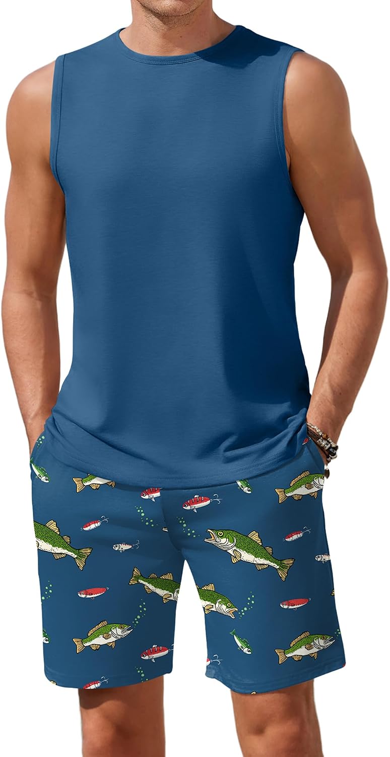 Ekouaer Men's Pajamas Set 2 Piece Workout Tank Top Pjs Shorts Sets S-XXL