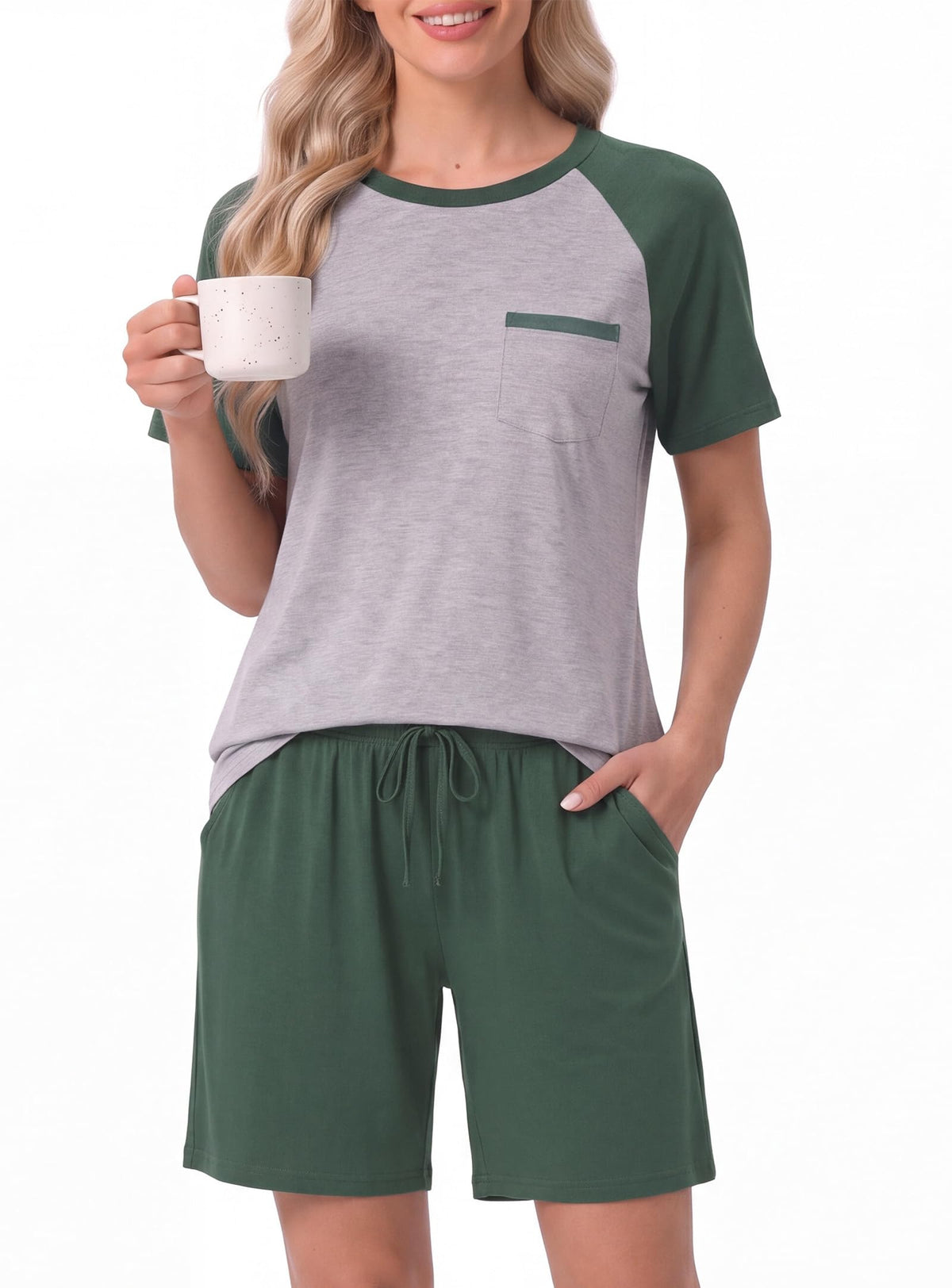 Couples Pajamas Set Short Sleeve Raglan Shirts and Shorts Lounge Sleepwear