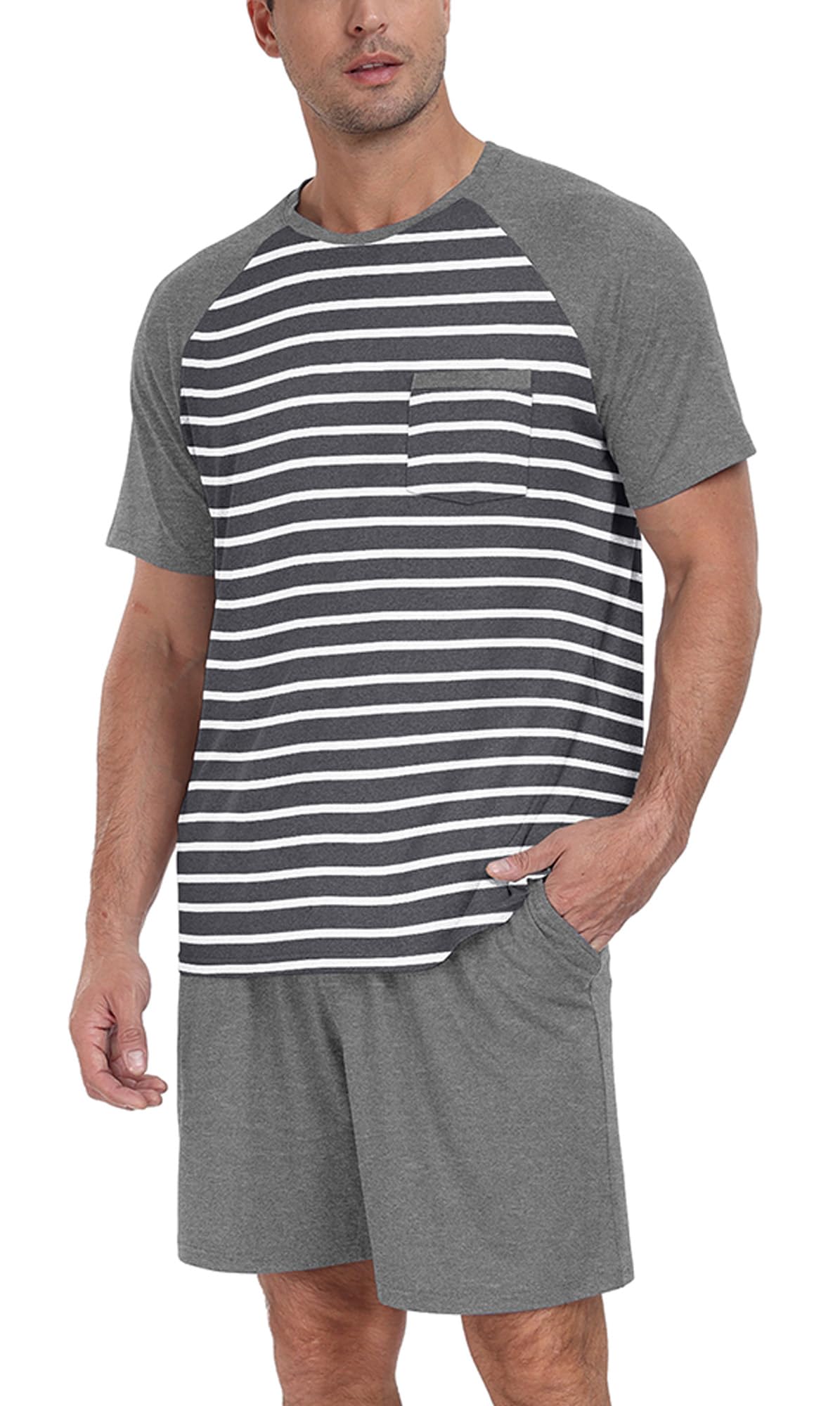 PrinStory Men‘s Pajama Set Summer Pjs Sleepwear Nightwear Lightweight Quick Dry Soft Stripe Sleep Set With Pocket S-2XL