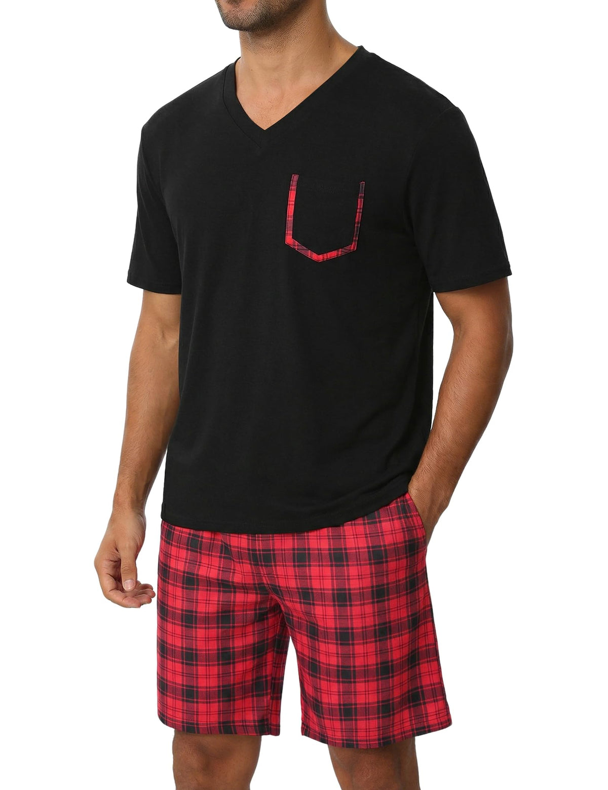 Sykooria Mens Cotton Pajamas Set 2 Piece Soft Sleepwear Short Sleeve Top & Plaid Shorts With Pockets