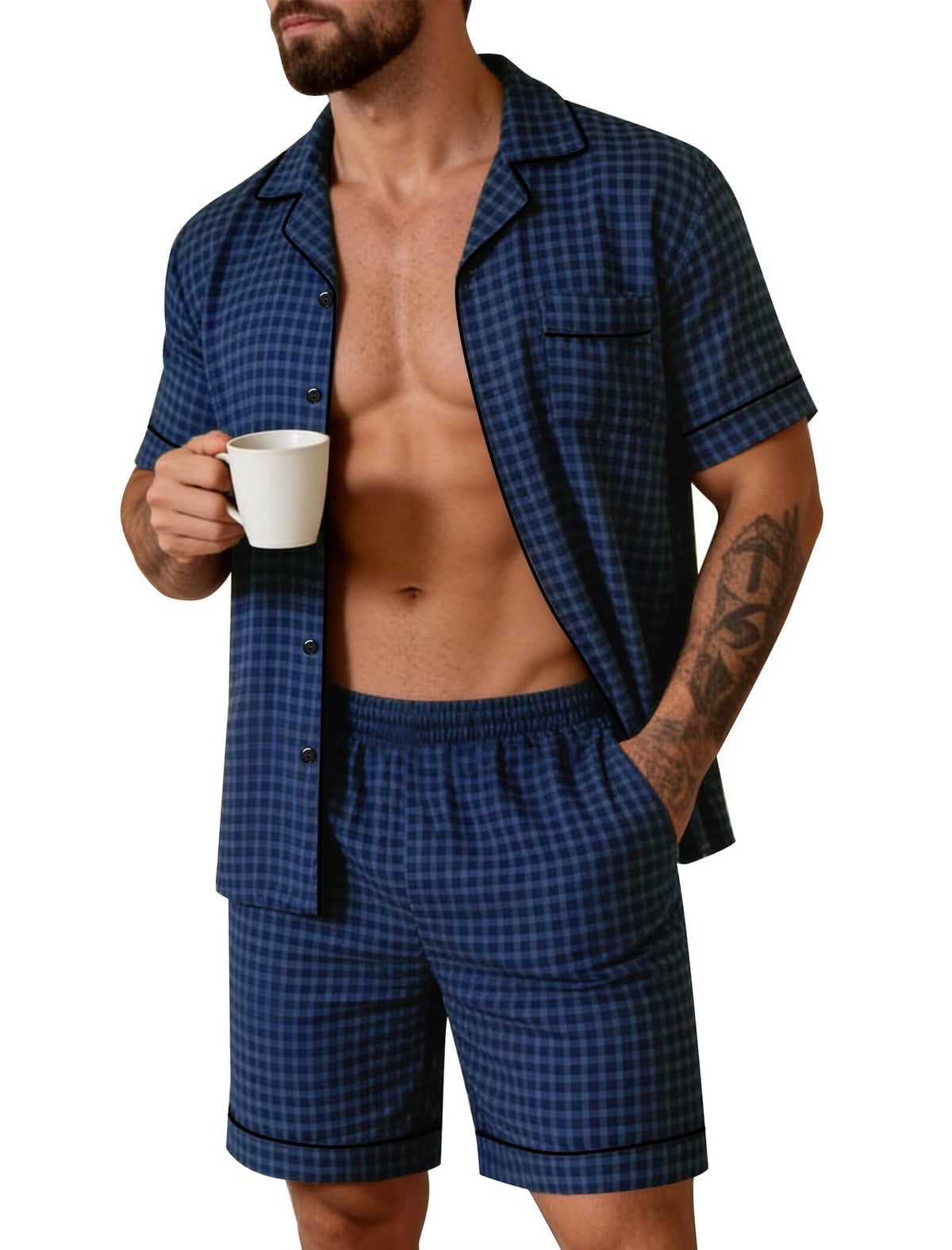 SWOMOG Men Pajama Set Short Sleeve Summer Pjs Button Down Sleepwear Soft Pajama Shorts 2 Piece Loungewear with Pockets