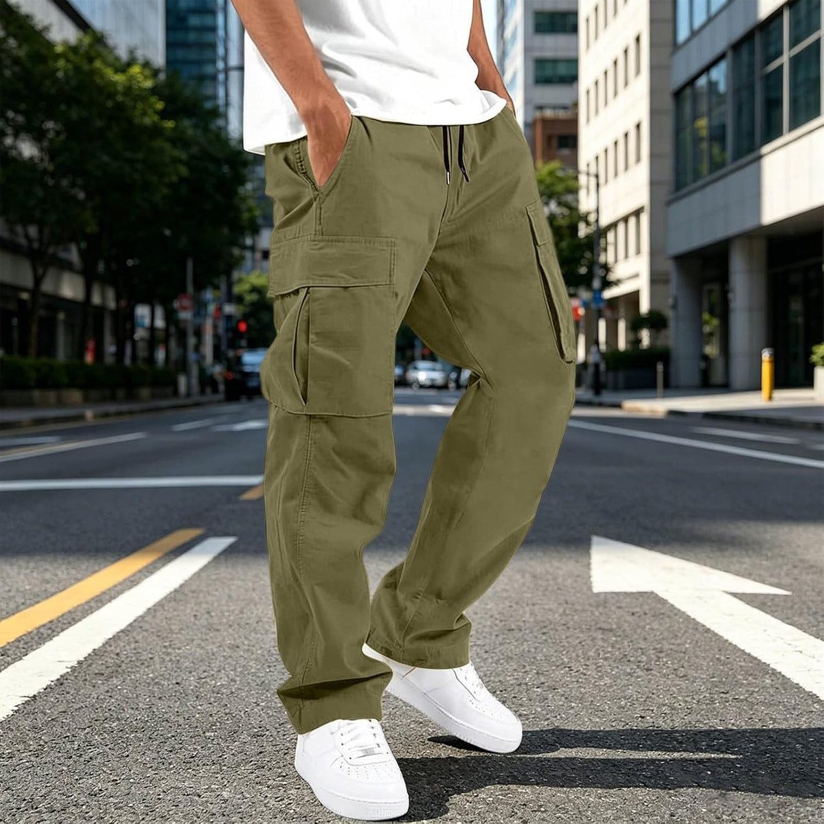 Cargo Pants for Men Elastic Waist Work Pants with Drawstring Multi Pockets Hiking Lightweight Tactical Trousers