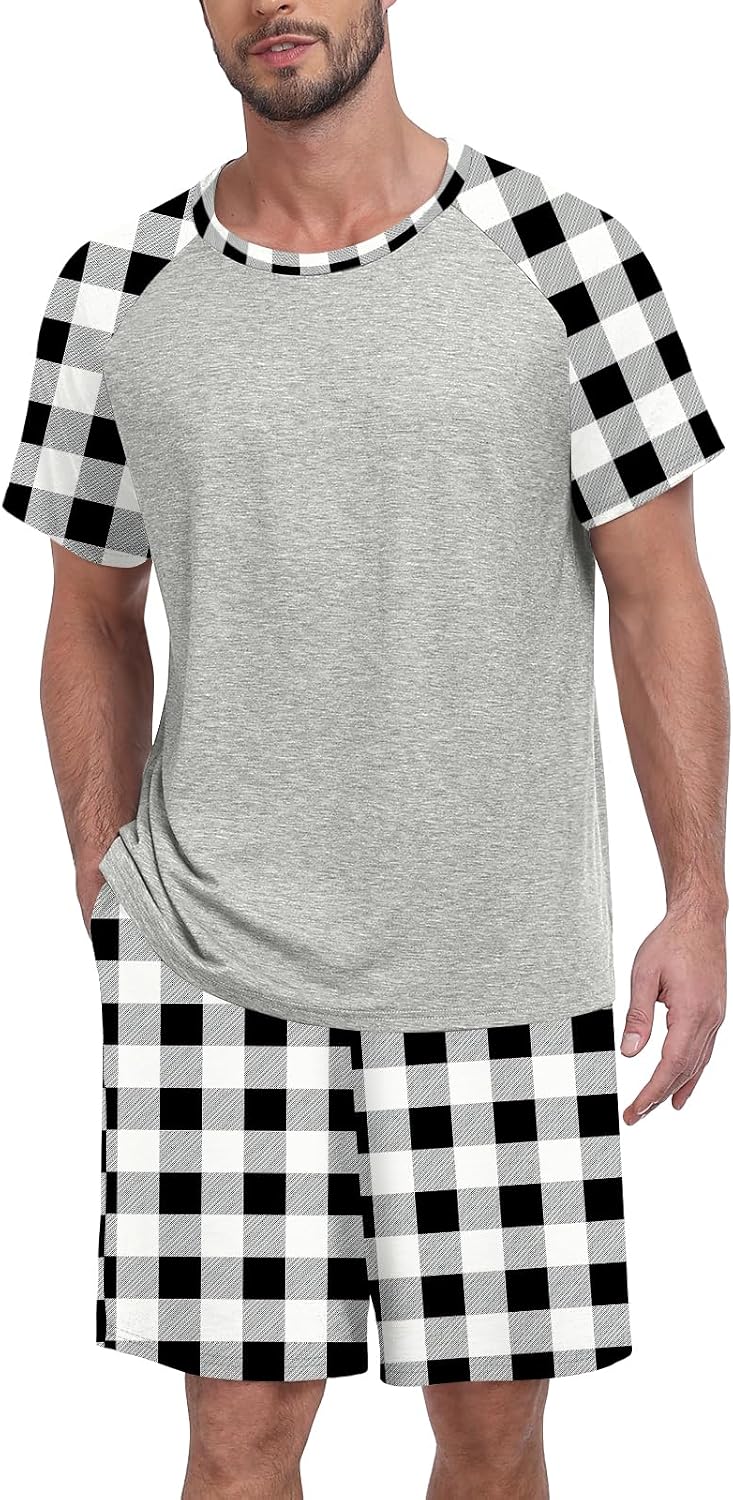 MLXSJ Mens Pajama Set Summer Pjs Sleepwear Soft Sleep Set With Pocket S-3XL