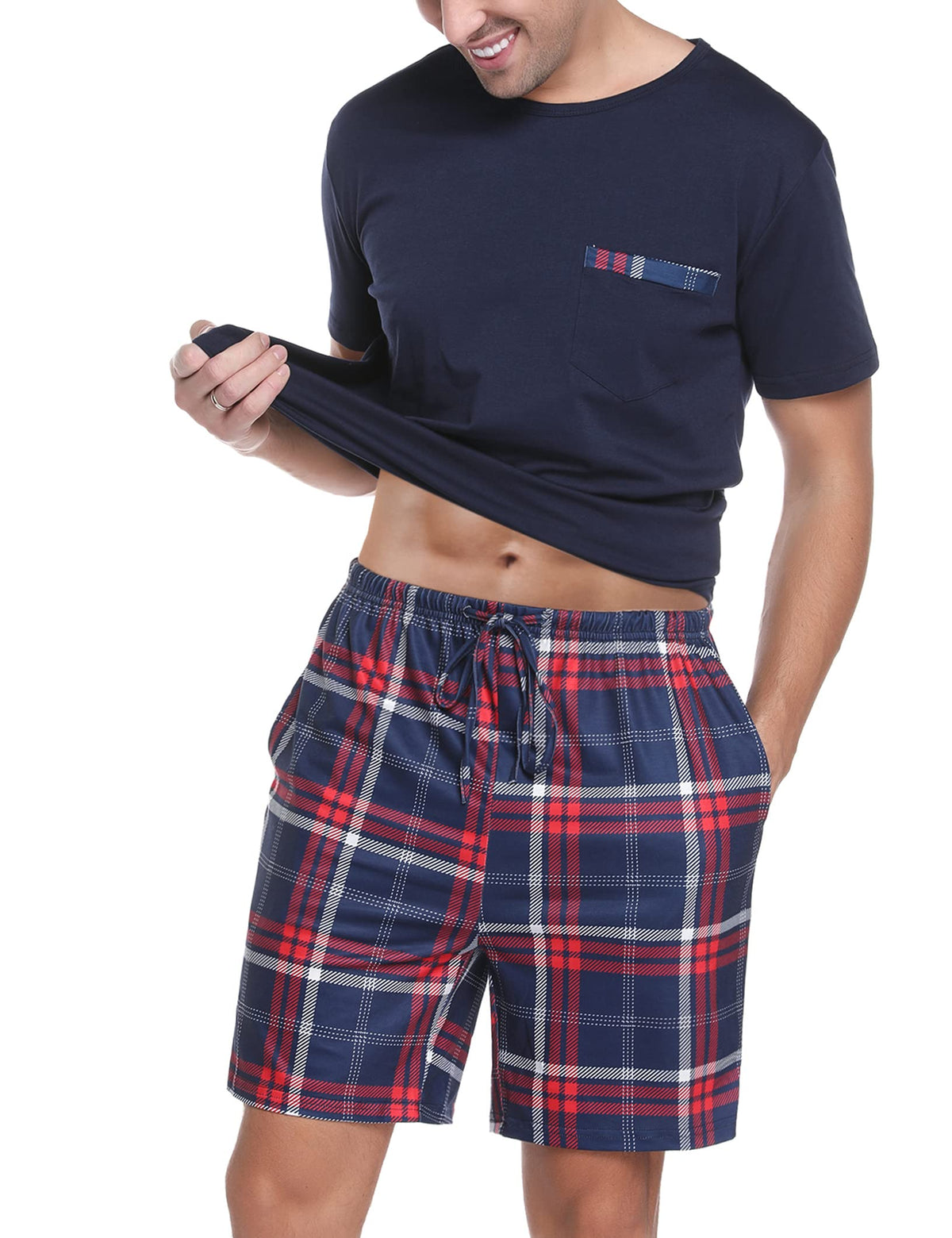 Sykooria Mens Pajamas Set Cotton Pajamas Shorts Set Short Sleeve Pjs Sets Soft Sleepwear S-XXL