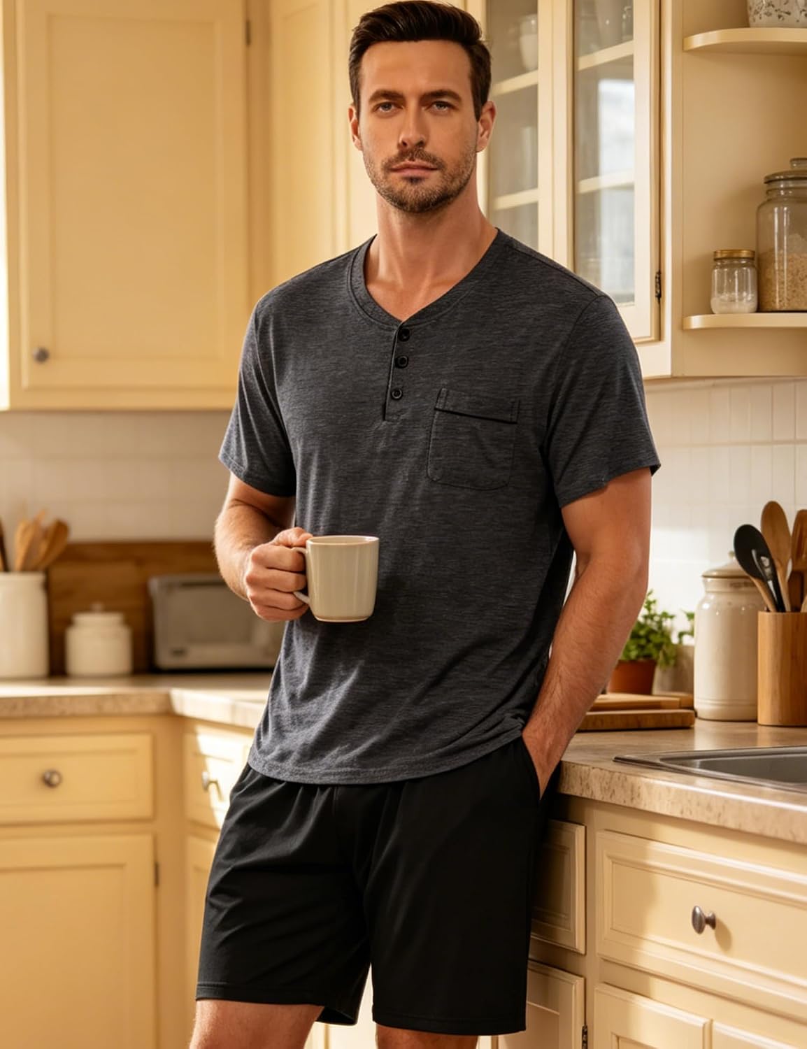 SWOMOG Mens Pajama Set Summer Pjs Sleepwear 2 Piece Loungewear Soft Short Sleeve Sleep Set With Pocket Comfy Nightwear