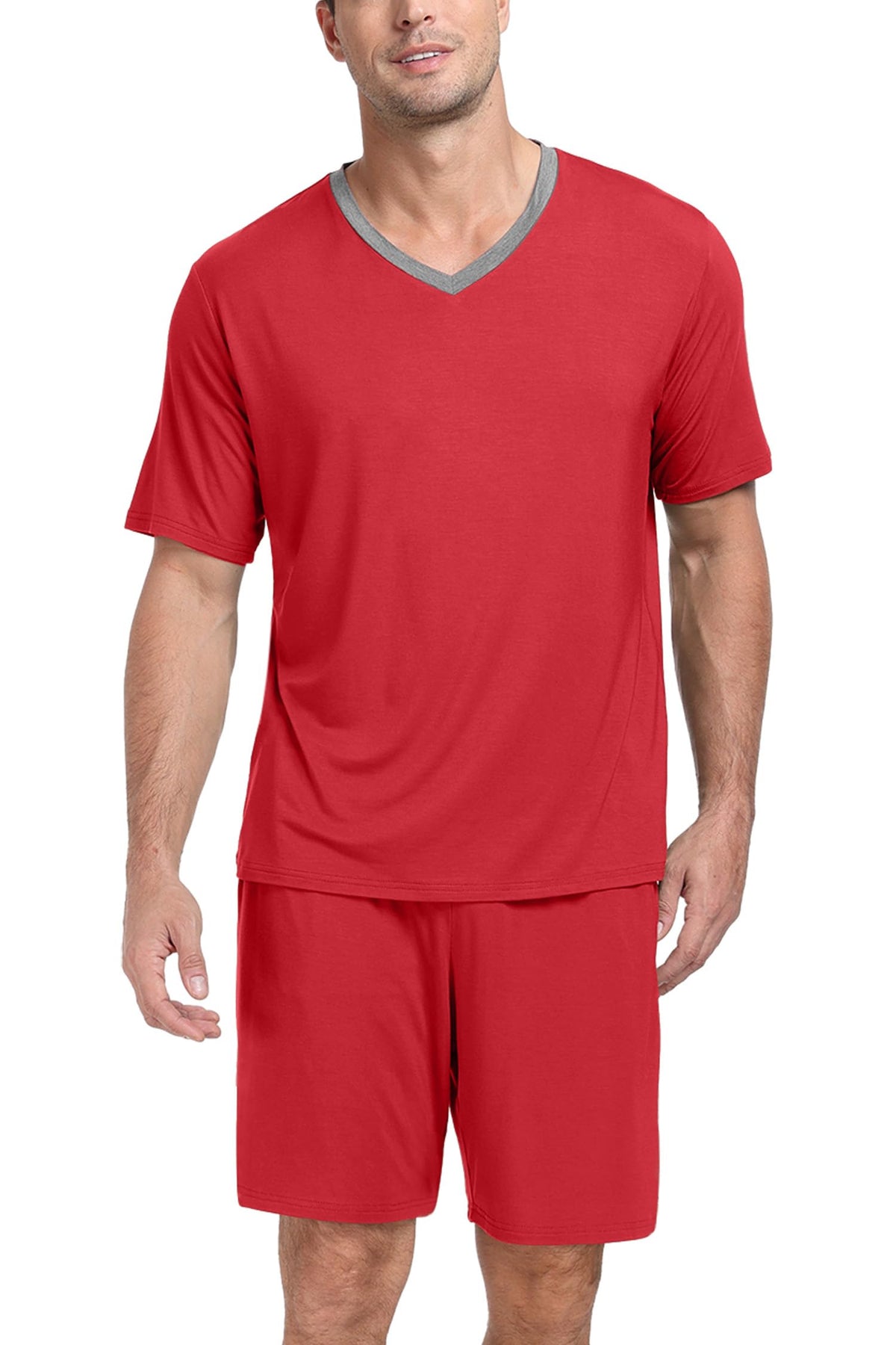 PrinStory Men's Pajama Set Sleepwear Pjs Lightweight Quick Dry Short Sleeve V-Neck Shirts and Shorts Soft Comfy Sleep Sets