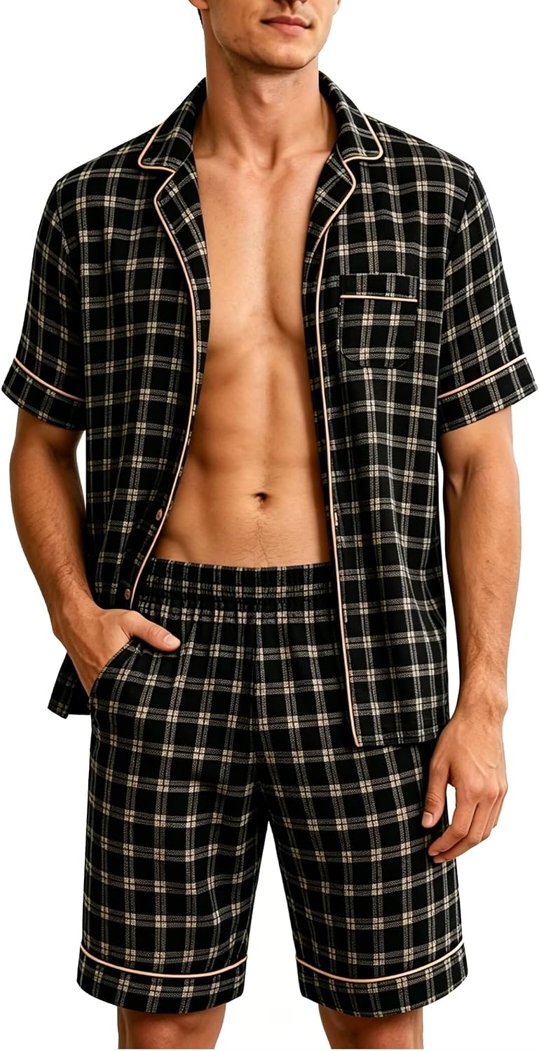 SWOMOG Men Pajama Set Short Sleeve Summer Pjs Button Down Sleepwear Soft Pajama Shorts 2 Piece Loungewear with Pockets