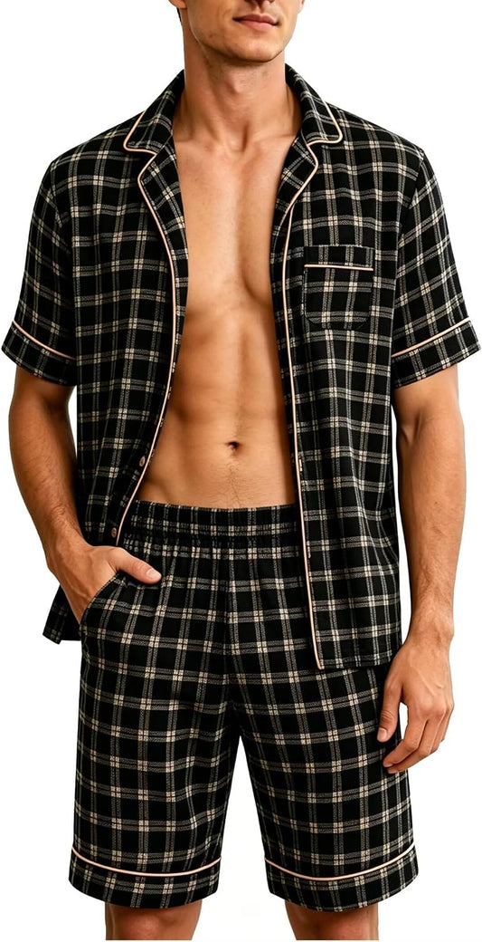 SWOMOG Men Pajama Set Short Sleeve Summer Pjs Button Down Sleepwear Soft Pajama Shorts 2 Piece Loungewear with Pockets
