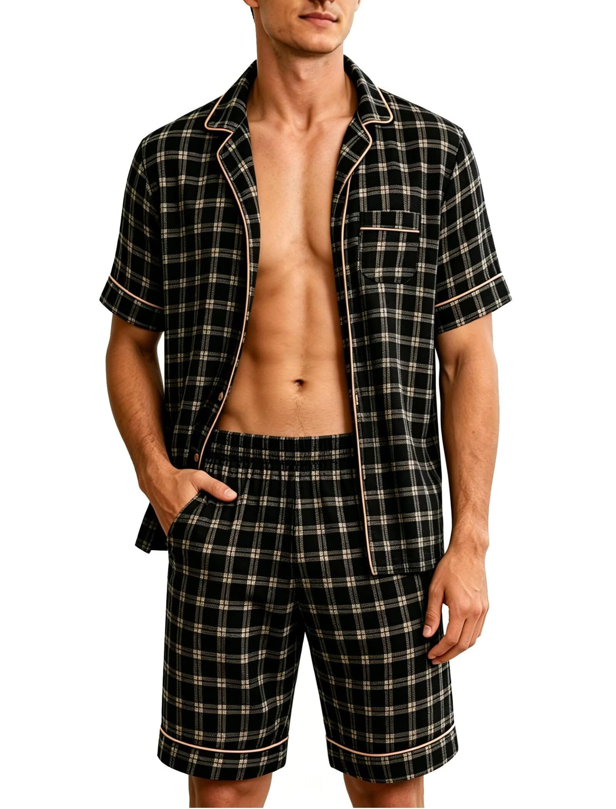 SWOMOG Men Pajama Set Short Sleeve Summer Pjs Button Down Sleepwear Soft Pajama Shorts 2 Piece Loungewear with Pockets