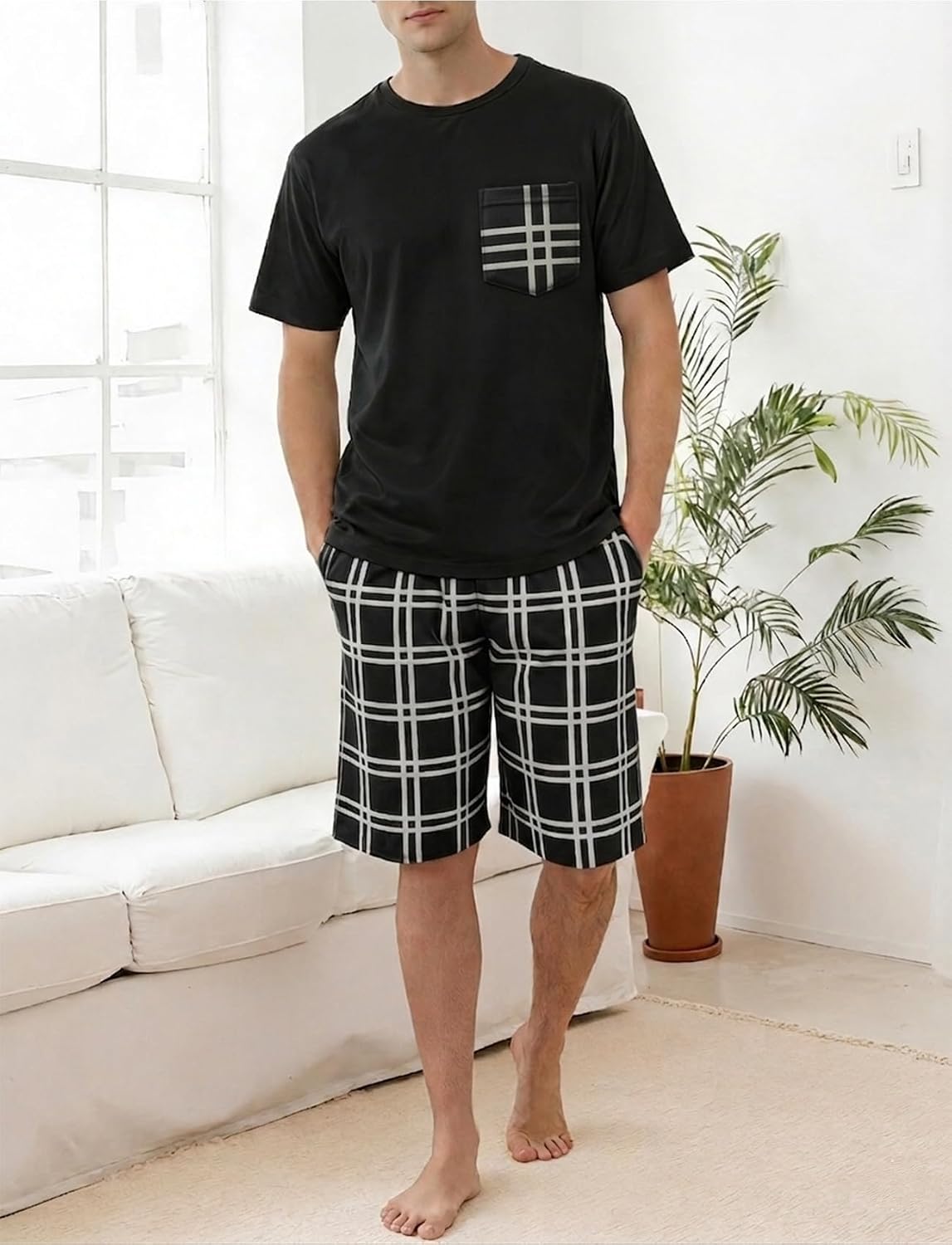 Mens Pajama Set Summer Sleepwear Short Sleeve Loungewear Lightweight Soft Nightwear Shirts Plaid Shorts with Pockets