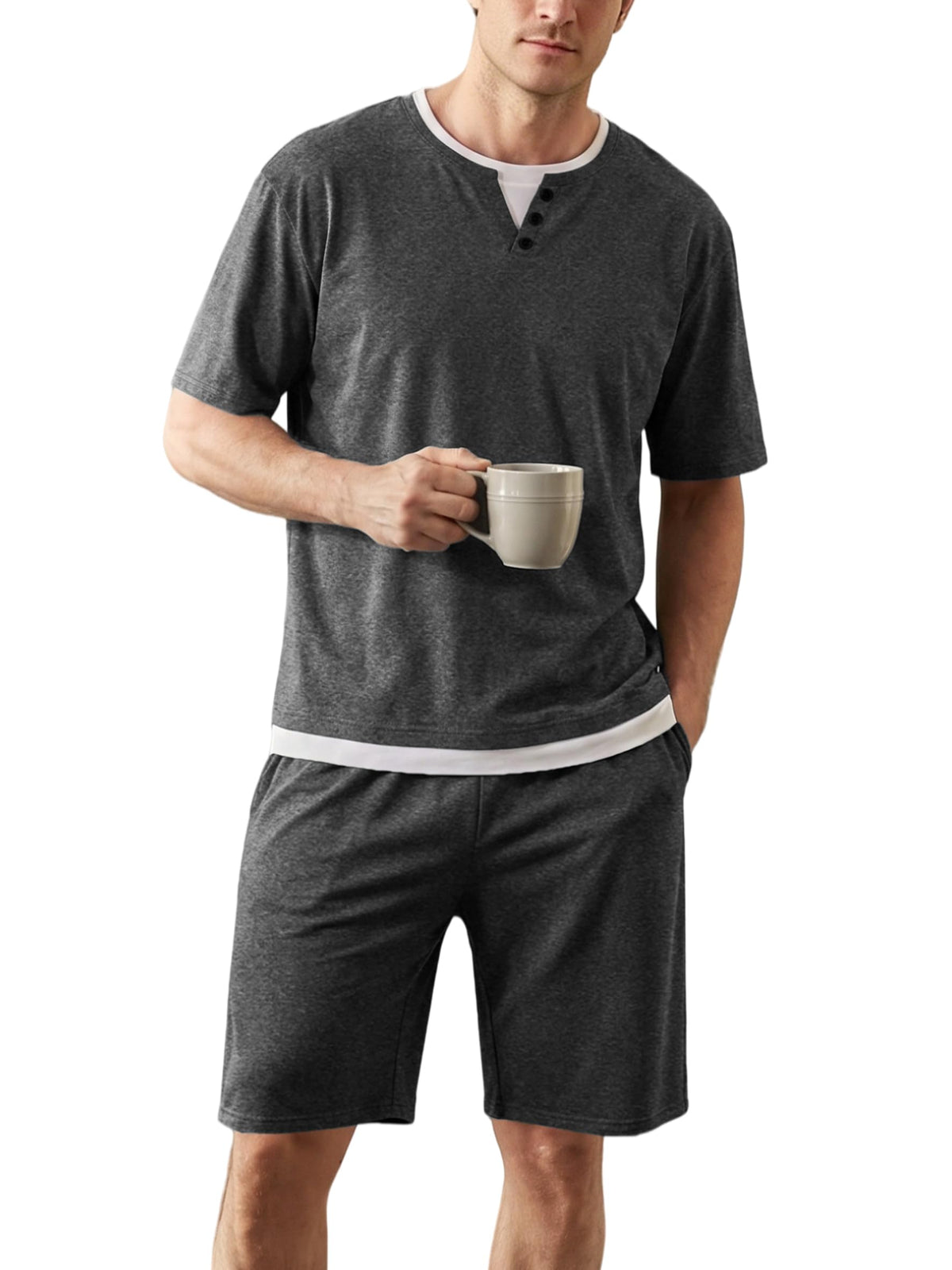 Men's Short Sleeve Pajama Set Summer Breathable Soft Sleepwear Loungewear Cozy PJs