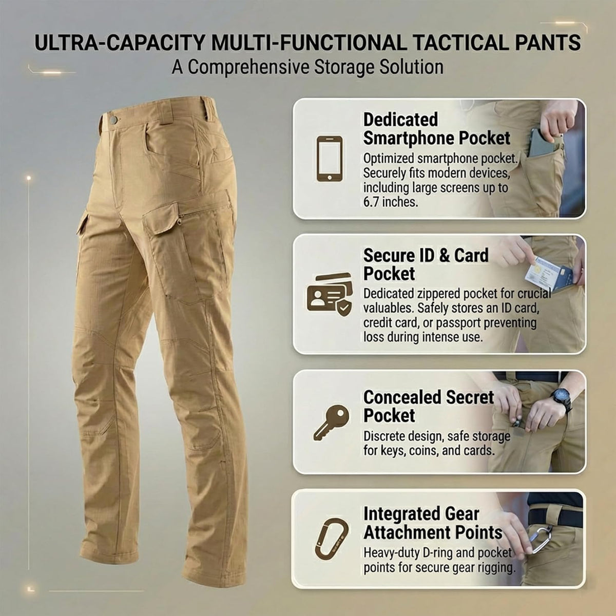 Men's Tactical Work Cargo Pants, Water-Resistant Ripstop for Hiking