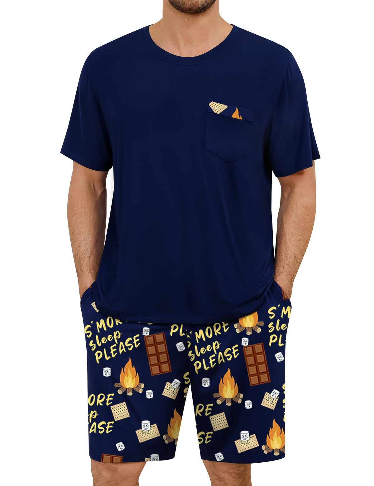 SWOMOG Mens Pajama Set Short Sleeve Pjs Set Soft Comfy Sleepwear Summer 2 Piece Loungewear Print With Pocket S-XXL