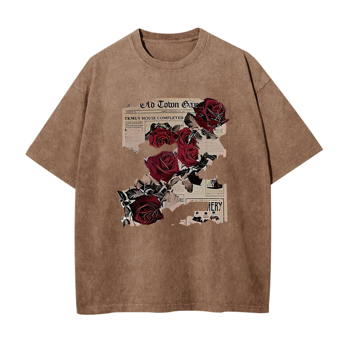BeWithYou Mens Oversized Graphic T-Shirt Rose Floral Print Vintage Y2k Grunge Shirts Goth Shirt Gothic Tshirt Acid Wash Tops