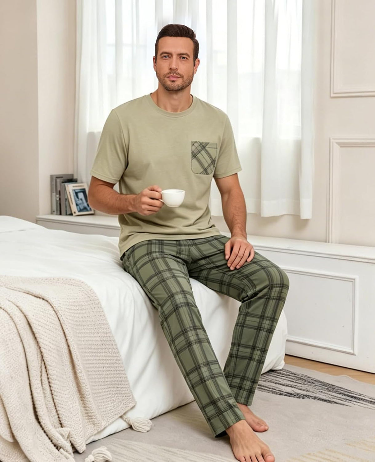 Mens Pajama Set Summer Sleepwear Short Sleeve Loungewear Lightweight Soft Nightwear Shirts Plaid Pants Pockets