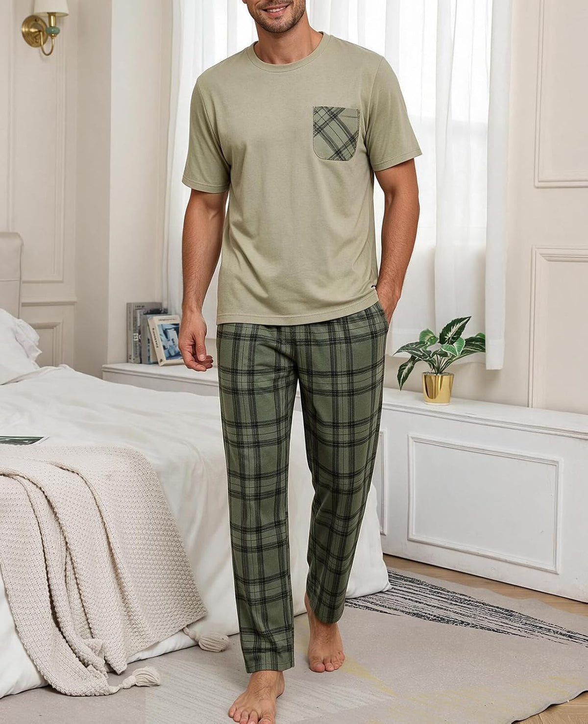 Mens Pajama Set Summer Sleepwear Short Sleeve Loungewear Lightweight Soft Nightwear Shirts Plaid Pants Pockets