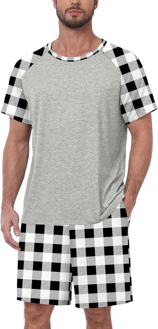 MLXSJ Mens Pajama Set Summer Pjs Sleepwear Soft Sleep Set With Pocket S-3XL