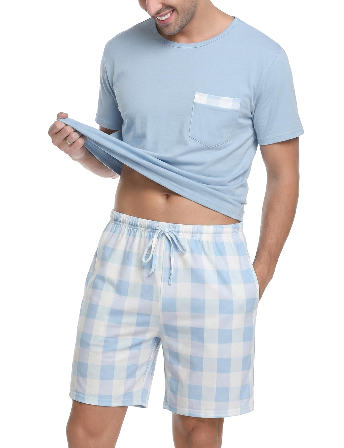 Sykooria Mens Pajamas Set Cotton Pajamas Shorts Set Short Sleeve Pjs Sets Soft Sleepwear S-XXL