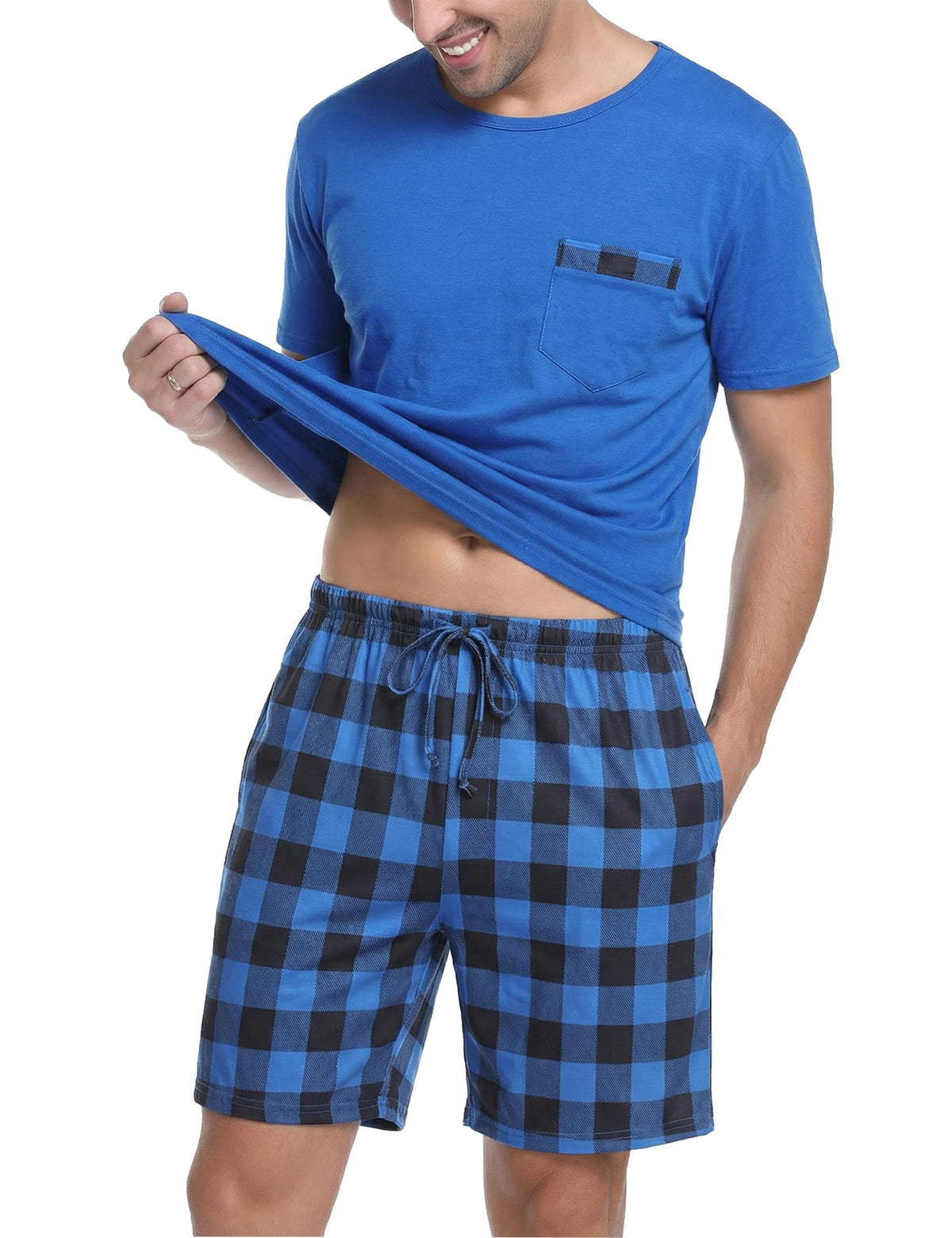 Sykooria Mens Pajamas Set Cotton Pajamas Shorts Set Short Sleeve Pjs Sets Soft Sleepwear S-XXL