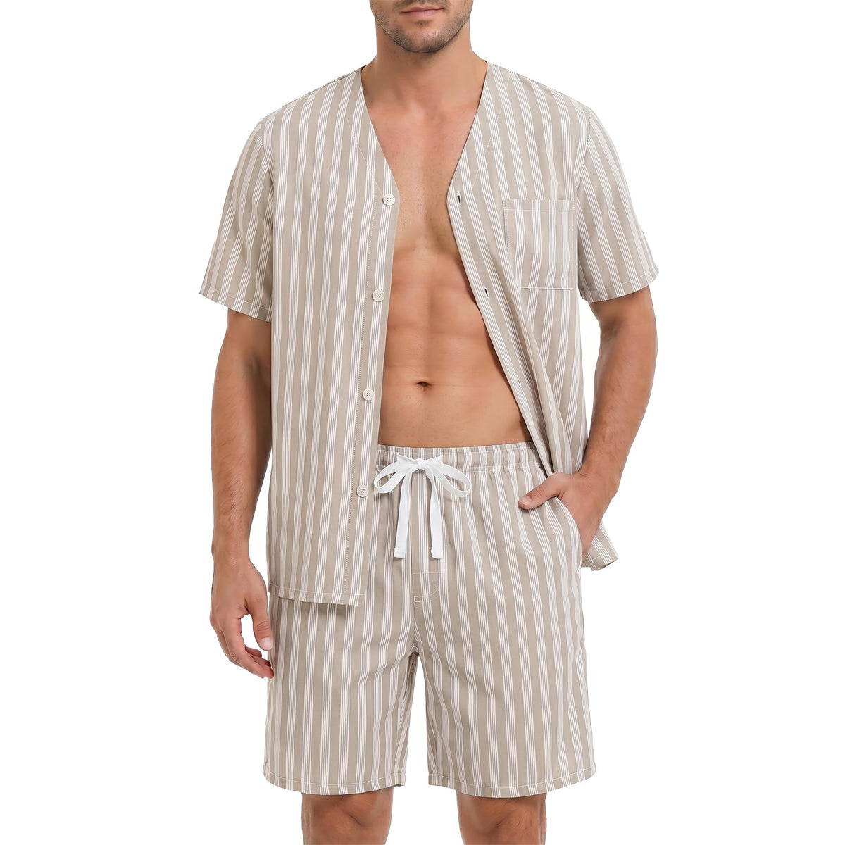 Vulcanodon Mens Striped Pajama Set, Lightweight Short Sleeve Summer Pjs