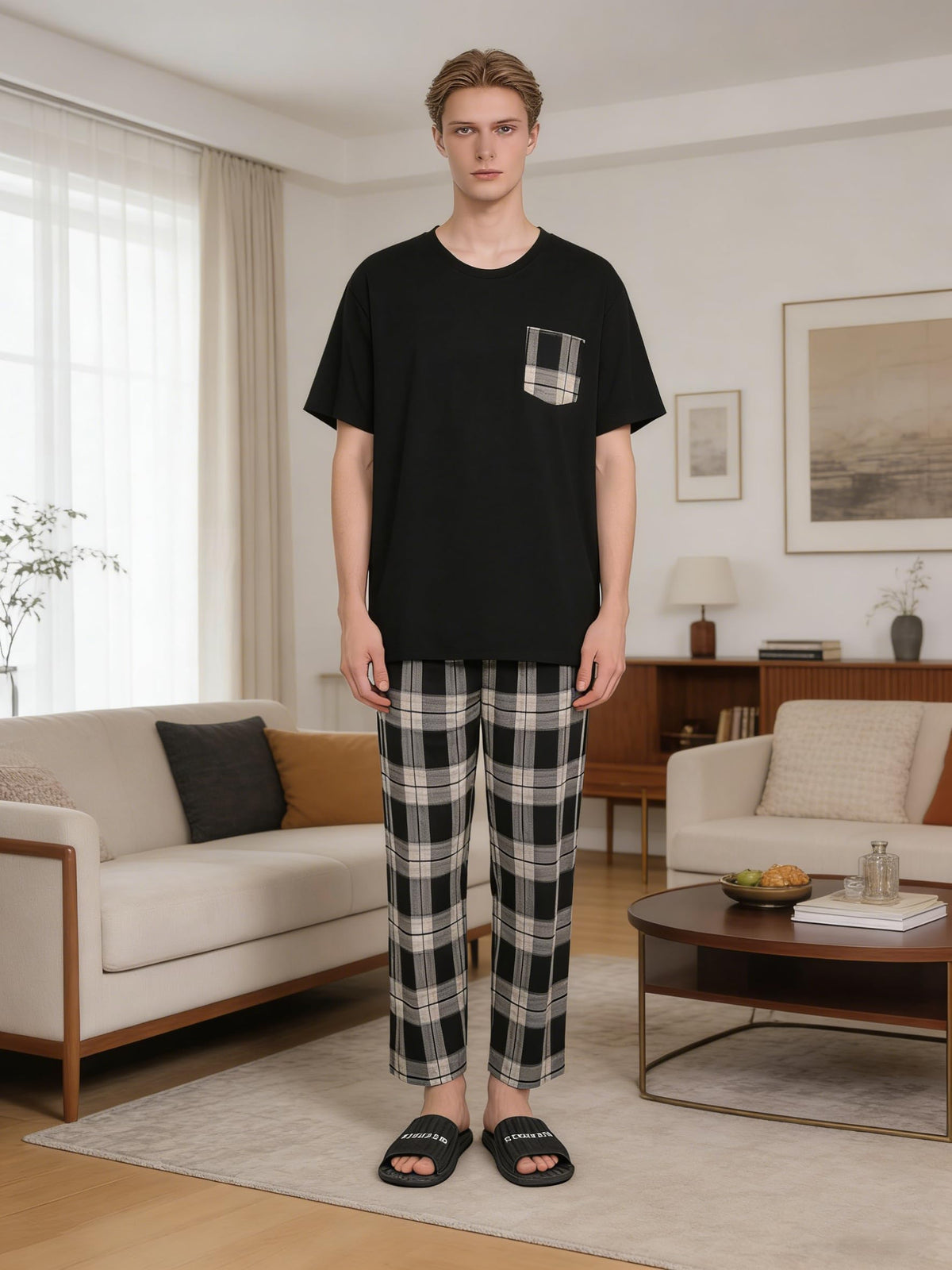 Men's Short Sleeve Pajama Set, Navy Solid T-Shirt & White Plaid Pants