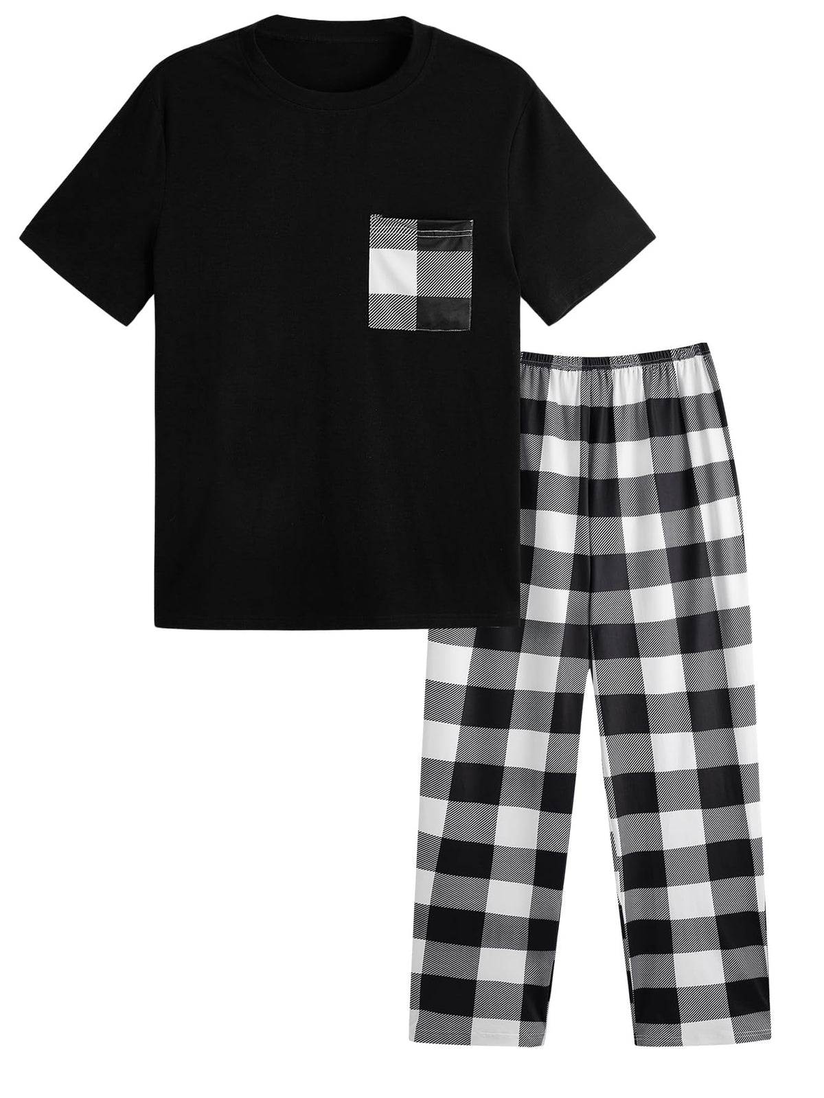 Verdusa Men's 2 Piece Loungewear Pajama Set Plaid Print Short Sleeve Tee Top and Pants Set