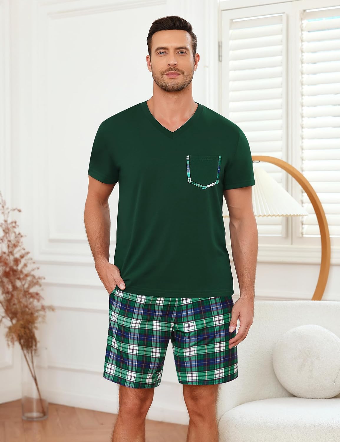 Sykooria Mens Cotton Pajamas Set 2 Piece Soft Sleepwear Short Sleeve Top & Plaid Shorts With Pockets