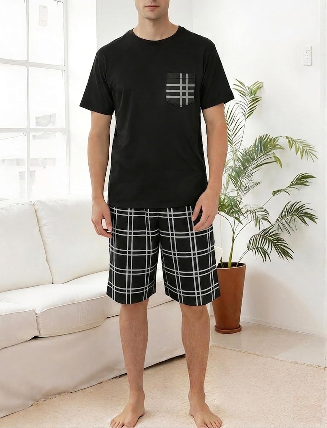 Mens Pajama Set Summer Sleepwear Short Sleeve Loungewear Lightweight Soft Nightwear Shirts Plaid Shorts with Pockets