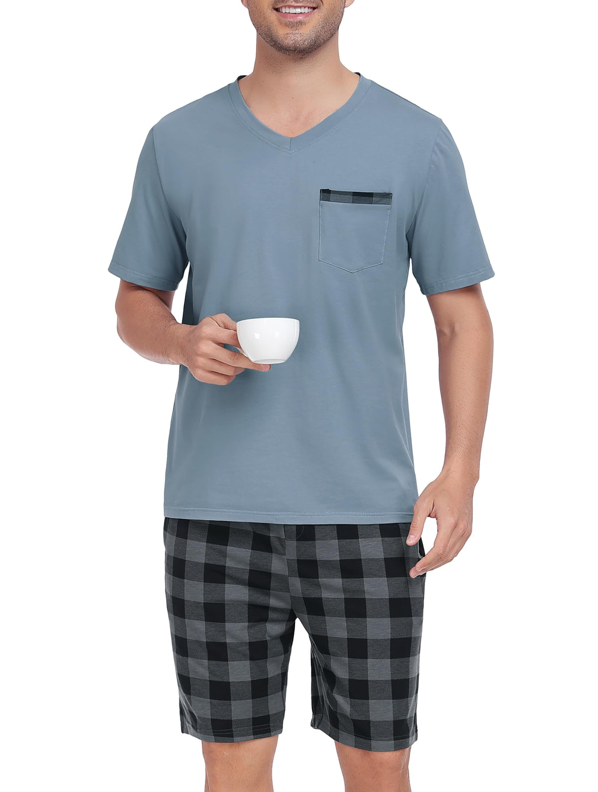 Vlazom Men's Pajama Sets Soft 2 Piece Pj's Set Short Sleeve Cotton Top and Plaid Pants for Loungewear Sleepwear with Pockets