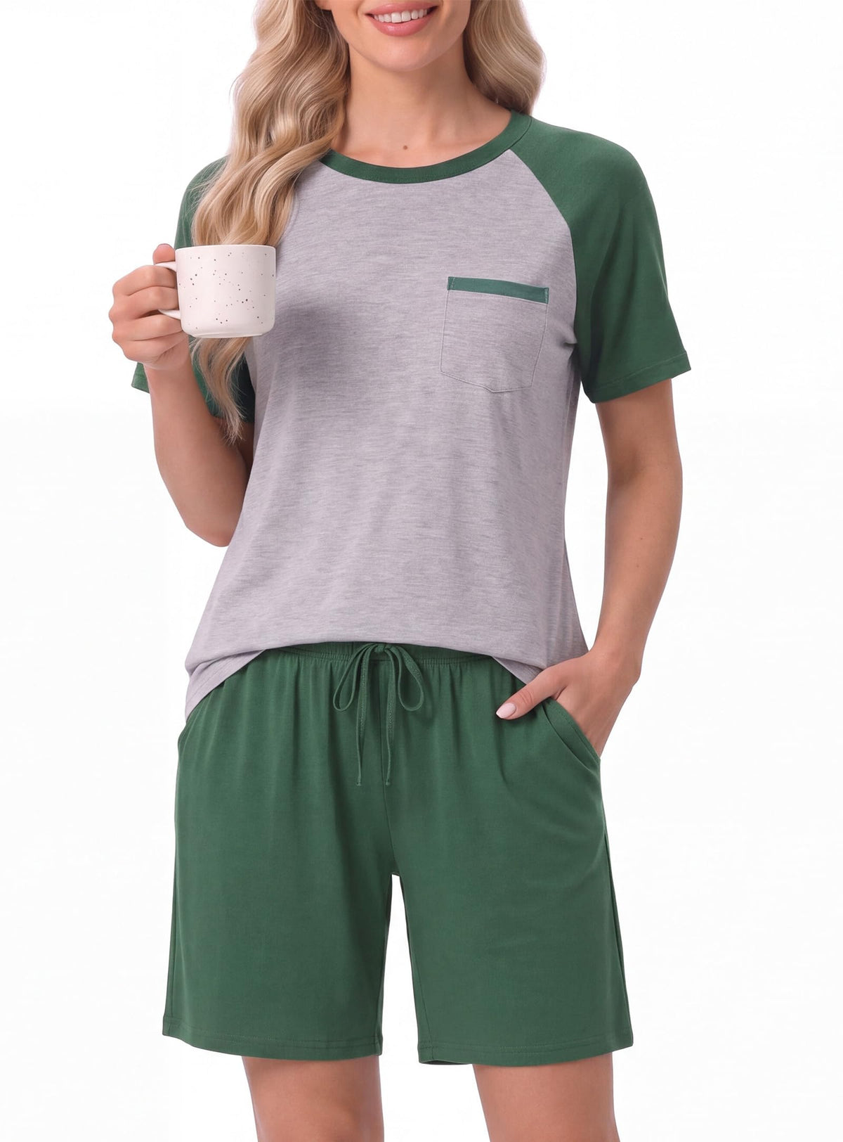 Couples Pajamas Set Short Sleeve Raglan Shirts and Shorts Lounge Sleepwear