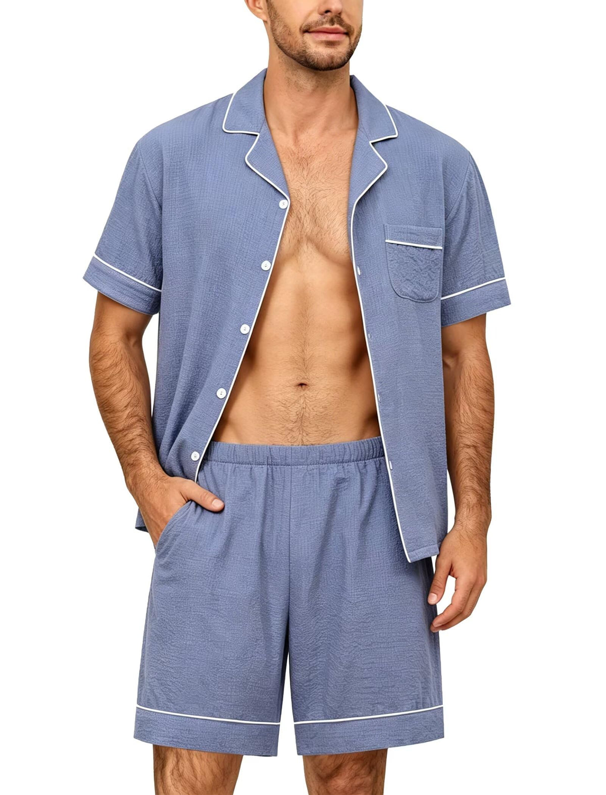 SWOMOG Men Pajama Set Short Sleeve Summer Pjs Button Down Sleepwear Soft Pajama Shorts 2 Piece Loungewear with Pockets