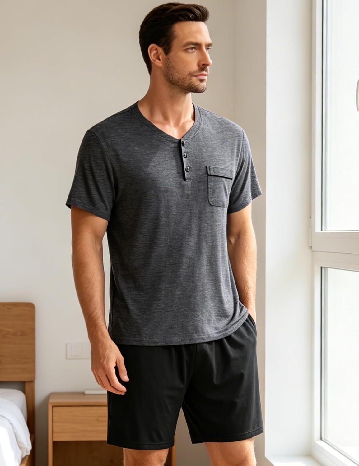 SWOMOG Mens Pajama Set Summer Pjs Sleepwear 2 Piece Loungewear Soft Short Sleeve Sleep Set With Pocket Comfy Nightwear