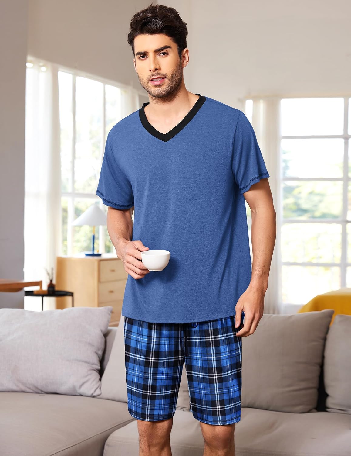 Ekouaer Men's Pajama Sets Shorts Short Sleeve Pj Sets Loungewear Lightweight Lounge Sets with Pockets