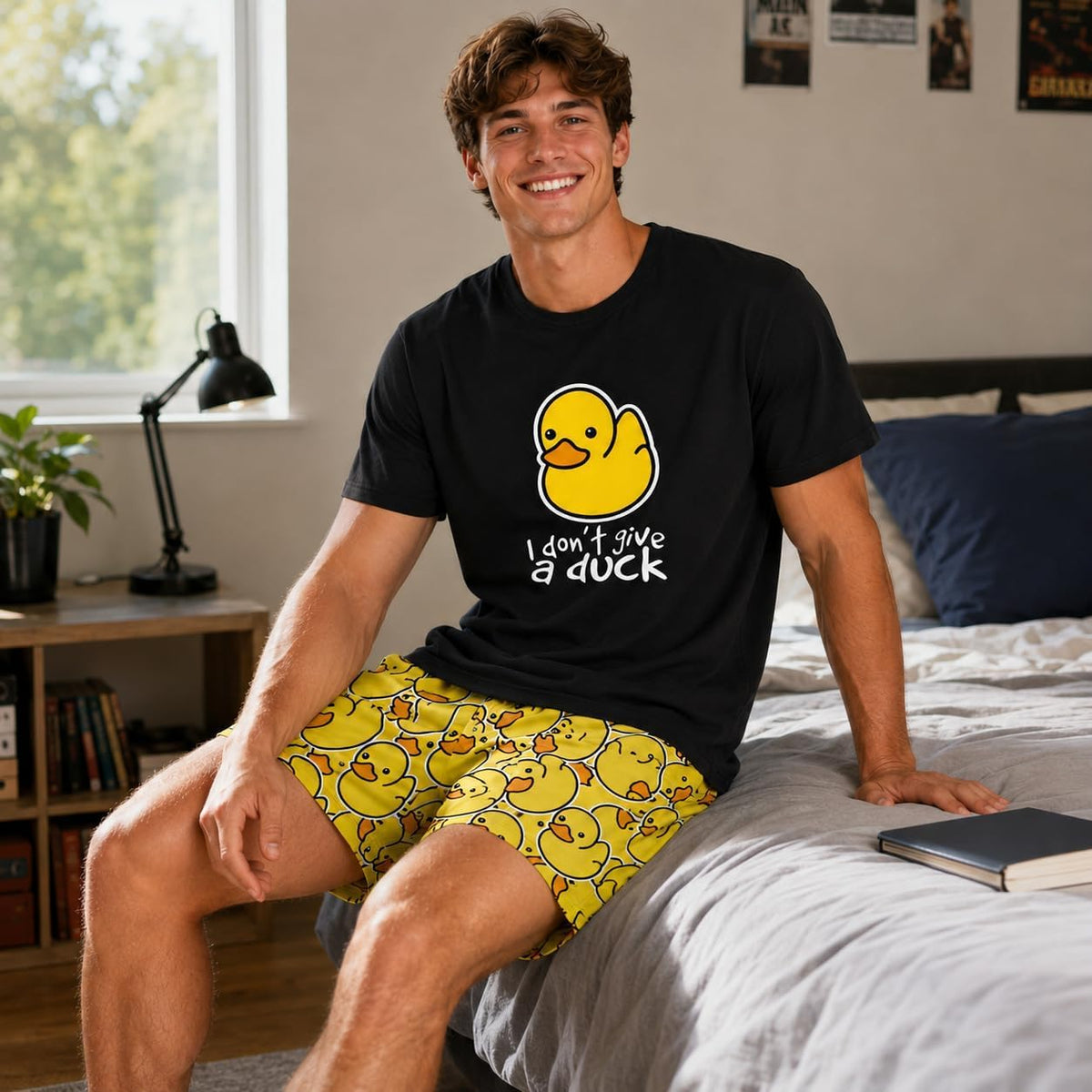 Men Pajama Set Funny Duck Print T-Shirt and Shorts Sleepwear Casual Lounge Set
