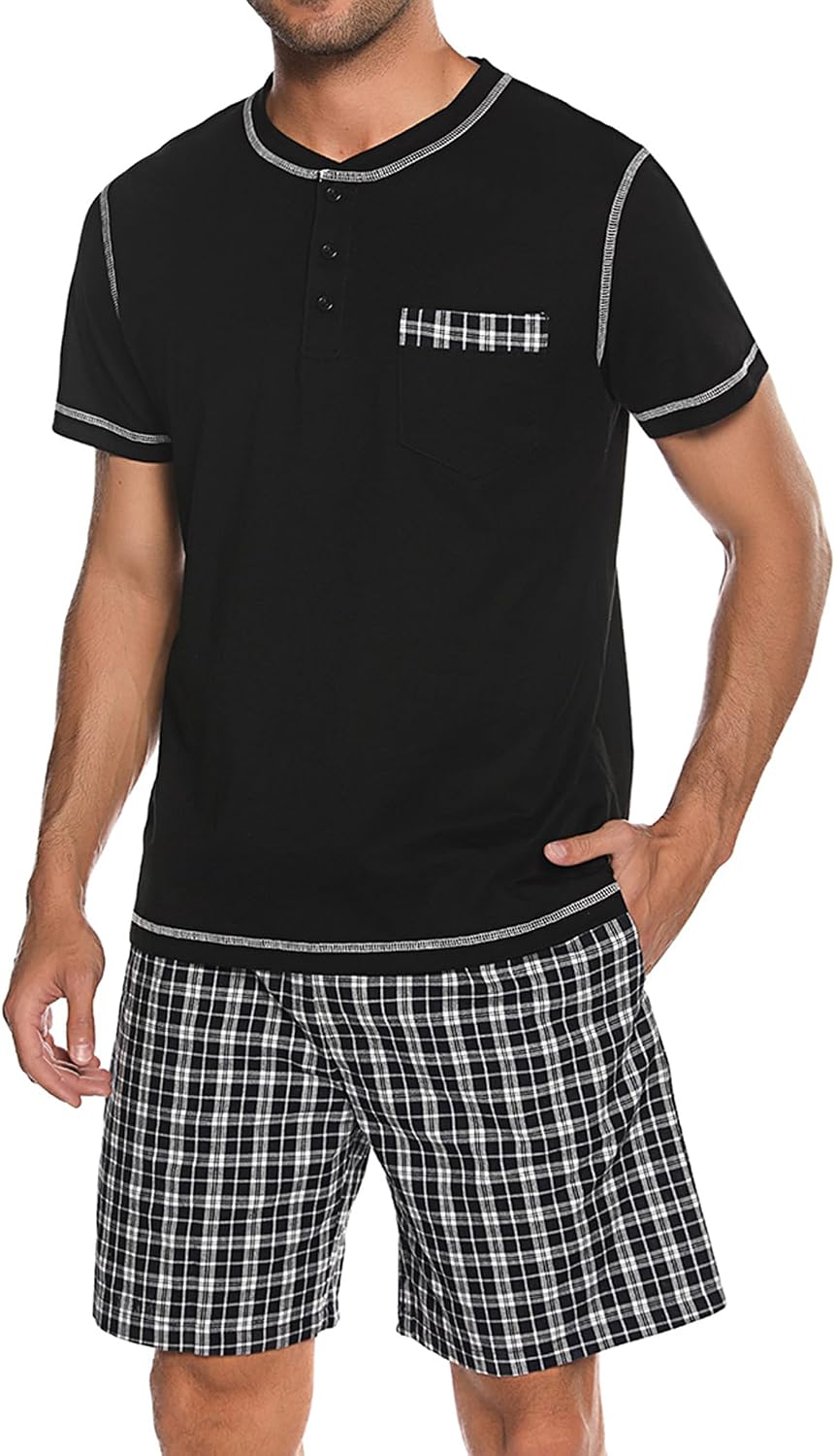 Sykooria Men's Pajama Sets Cotton Loungewear Pjs Shorts Sets 2 Piece Short Sleeve Sleepwear With Pockets S-3XL