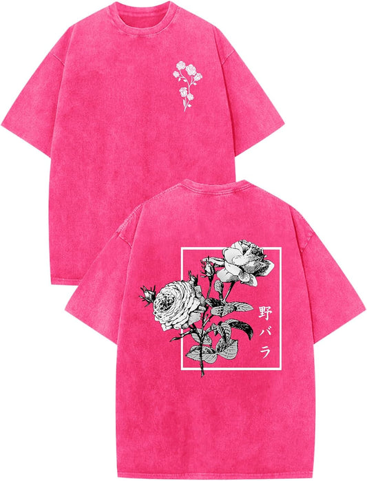 Japanese Graphic Tees for Men Harajuku Rose Flower Floral Shirts Cool Vintage Oversized Streetwear Acid Wash Tops