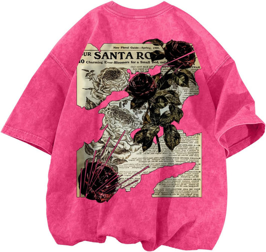 Mens Acid Wash Tshirt Oversized Vintage Graphic T-Shirts Cool Grunge Rose Floral Shirt Trendy Y2K Streetwear Tee Tops