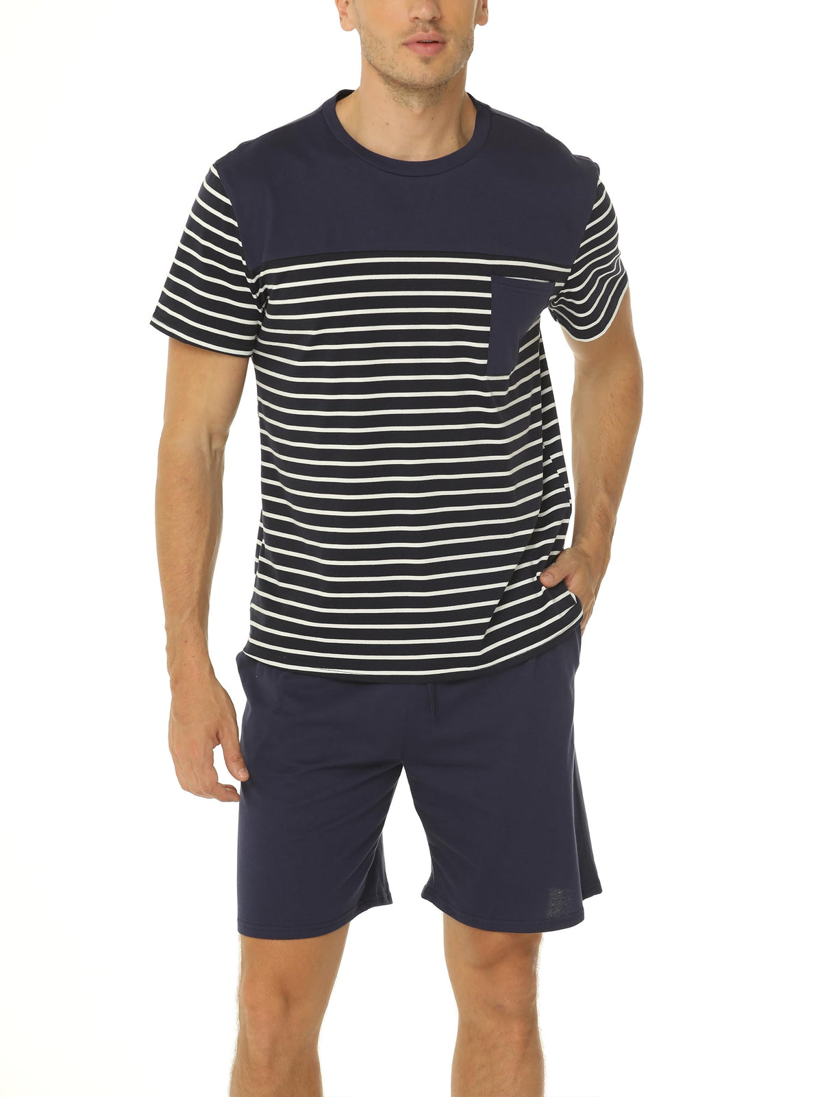 Men's Pajama Set Cotton Pajamas Striped Short Sleeve & Shorts Pjs Sets Sleepwear Summer Lounge Set with Pockets