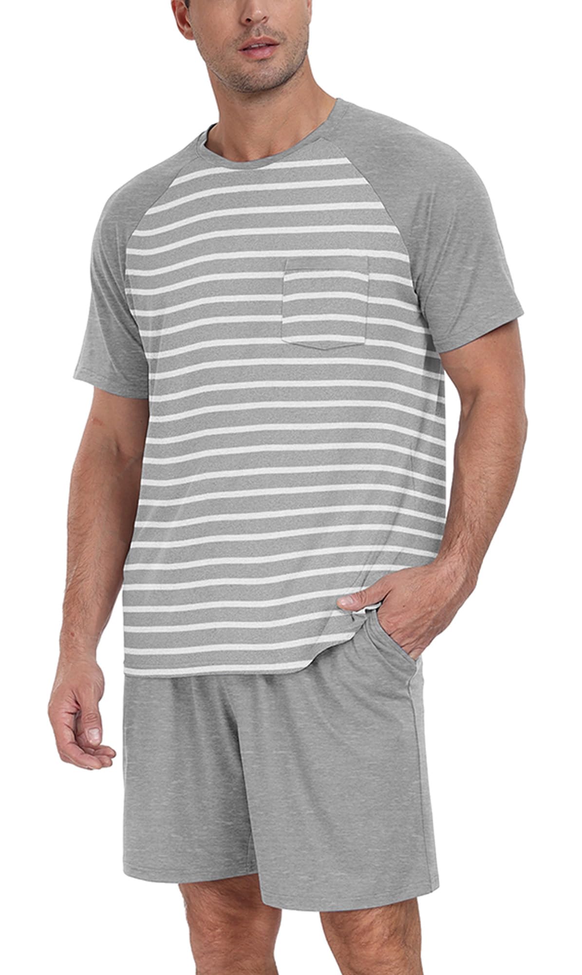 PrinStory Men‘s Pajama Set Summer Pjs Sleepwear Nightwear Lightweight Quick Dry Soft Stripe Sleep Set With Pocket S-2XL